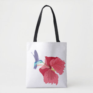 Blue and Green Hummingbird and red Hibiscus  Tote Bag