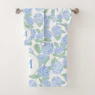 Blue and Green Hydrangea Floral Pattern Monogram Bath Towel Set