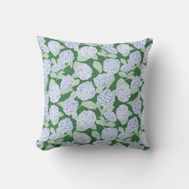 Blue and Green Hydrangea Floral Throw Pillow (Front)
