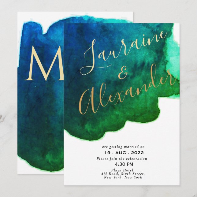 Blue and green ink watercolor abstract splash  invitation (Front/Back)