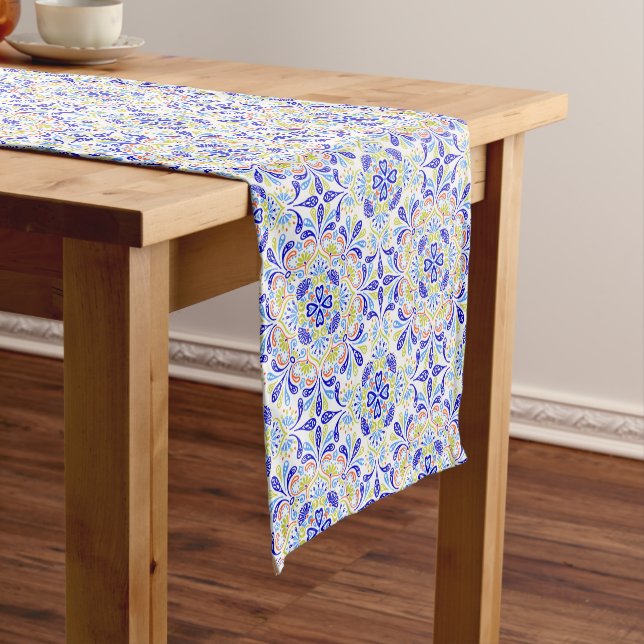 Blue and green kaleidoscope pattern short table runner (In Situ)
