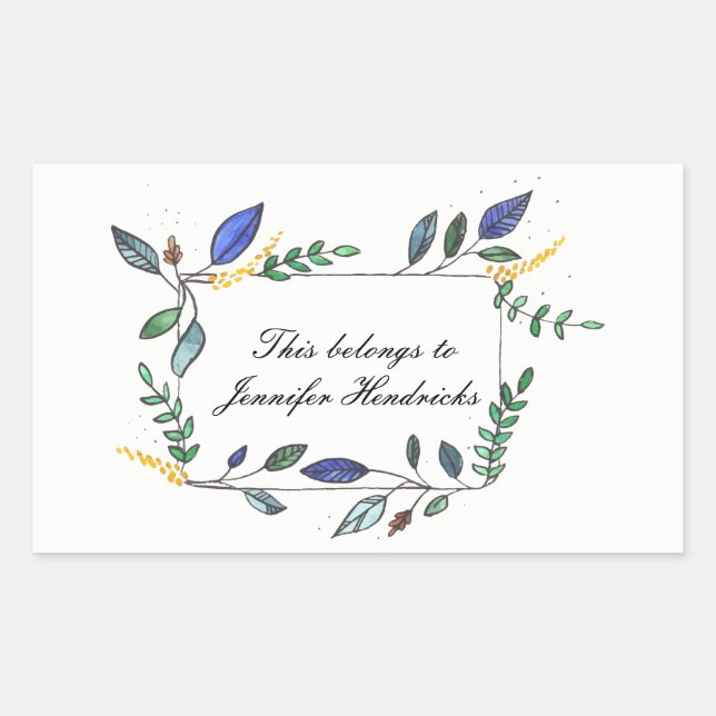 Blue and Green Leaf Decorated Bookplate Sticker (Front)