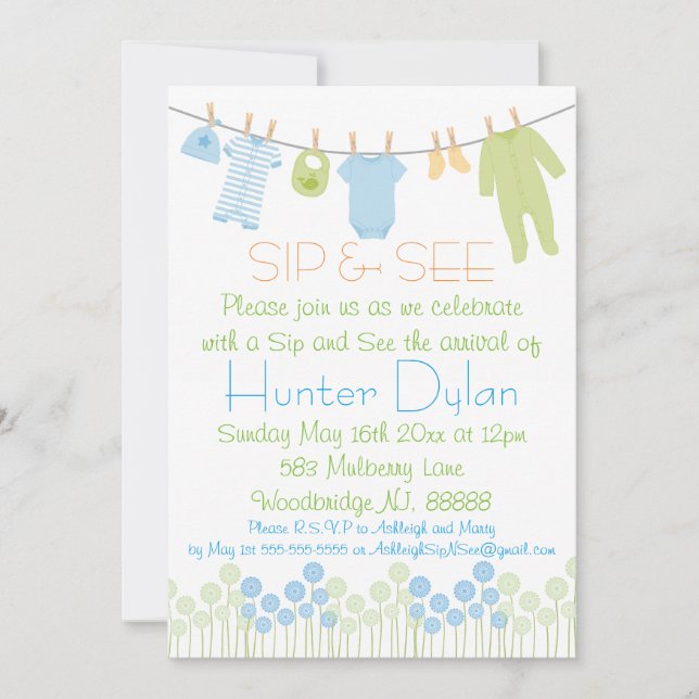 Blue and Green Little Clothes Sip and See Invitation (Front)
