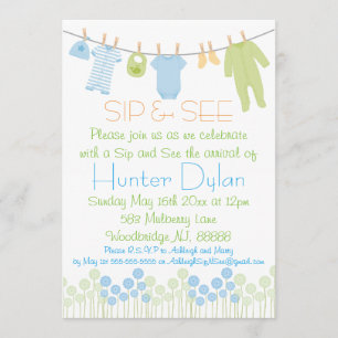 Blue and Green Little Clothes Sip and See Invitation
