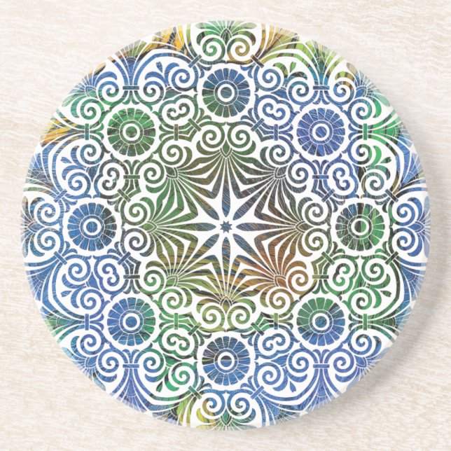 Blue and Green Mandala Sandstone Coaster (Front)