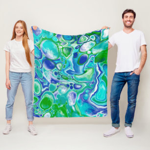 Blue and Green Marble Fluid Art Abstract Fleece Blanket