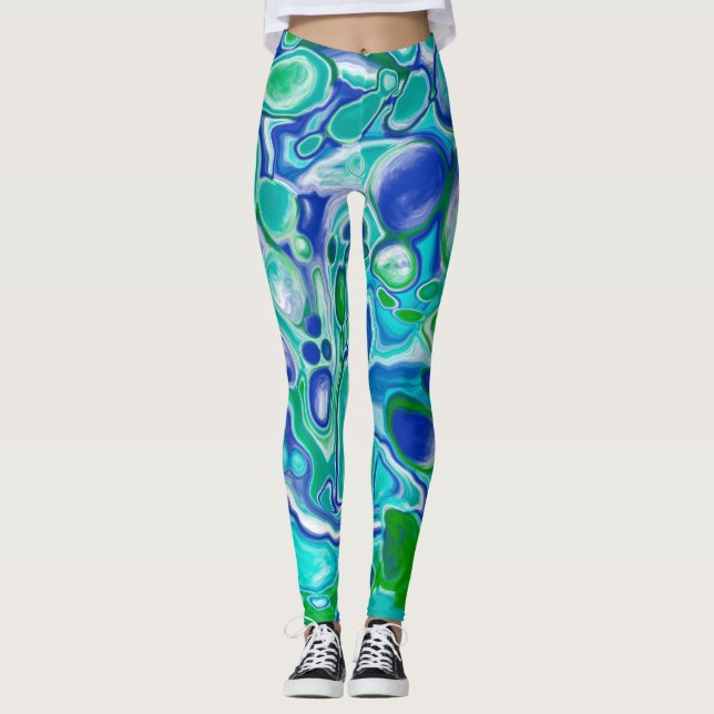 Blue and Green Marble Fluid Art Abstract Leggings (Front)