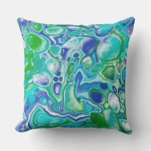 Blue and Green Marble Fluid Art Abstract Outdoor Pillow