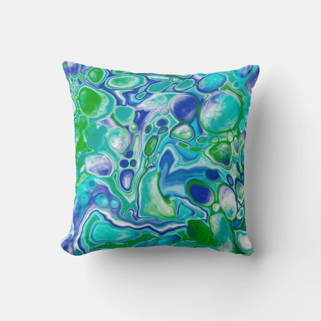 Blue and Green Marble Fluid Art Abstract  Throw Pillow (Front)
