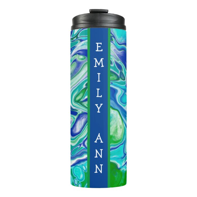 Blue and Green Marble Fluid Art Personalized Thermal Tumbler (Front)