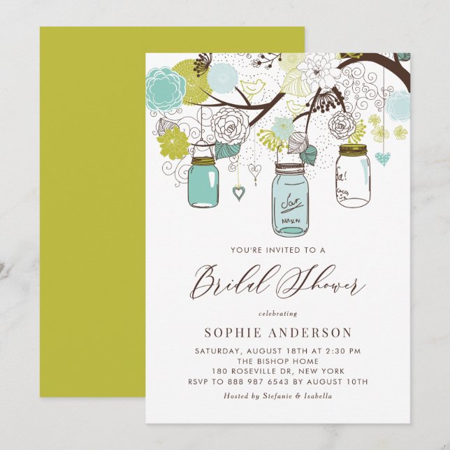 Blue and Green Mason Jars Bridal Shower Invitation (Front/Back)
