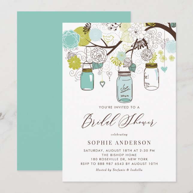 Blue and Green Mason Jars Bridal Shower Invitation (Front/Back)
