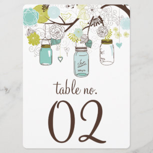 Blue and Green Mason Jars Table Numbers Card