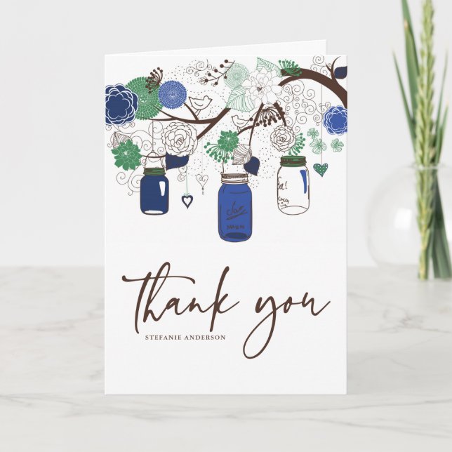 Blue and Green Mason Jars Wedding Thank You Card (Front)