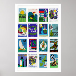 Blue and Green Matchbox Label Collage, color study Poster