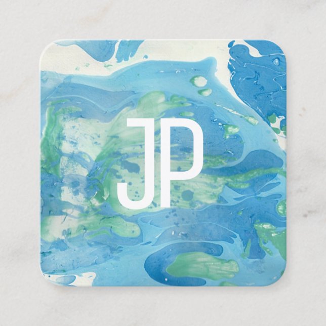 Blue And Green Modern Abstract Elegant Monogram Square Business Card (Front)