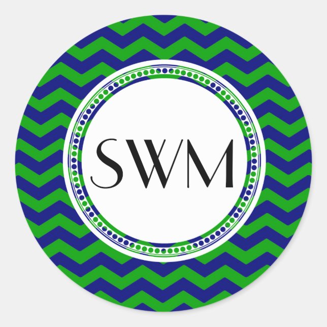 Blue and Green Monogram Chevron Personalized Classic Round Sticker (Front)