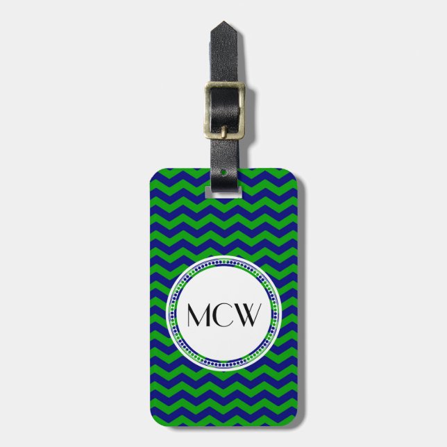 Blue and Green Monogram Chevron Personalized Luggage Tag (Front Vertical)