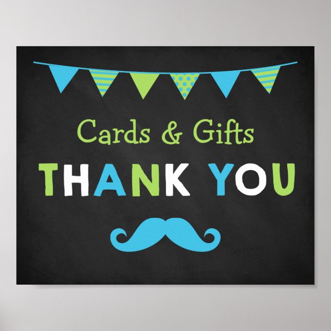 Blue and Green Moustache Chalkboard Baby Shower Poster (Front)