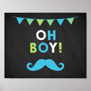 Blue and Green Moustache Chalkboard Baby Shower Poster