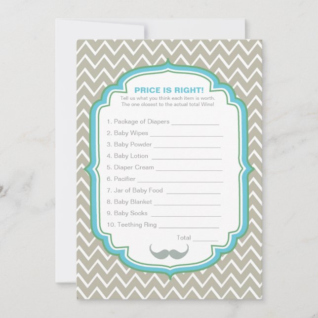 Blue and Green Moustache Price is Right Game Card (Front)