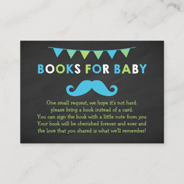 Blue and Green Moustache Shower Book Request Card (Front)