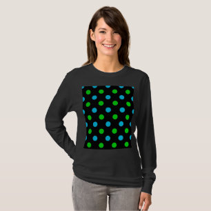 Blue and Green On Black Polka Dots Pattern  T-Shirt