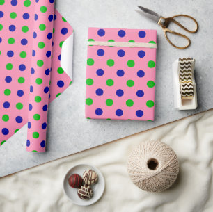 Blue and Green On Pink Polka Dots Pattern Wrapping Paper