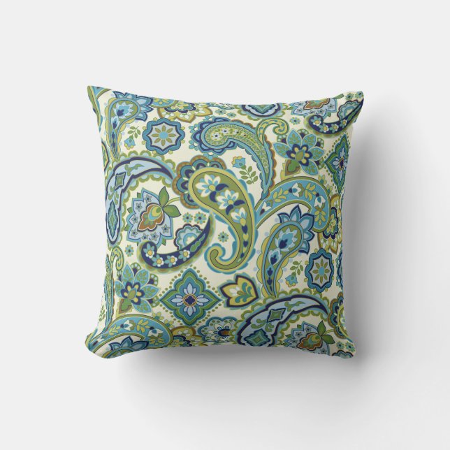 Blue and Green Paisley Throw Pillow (Front)