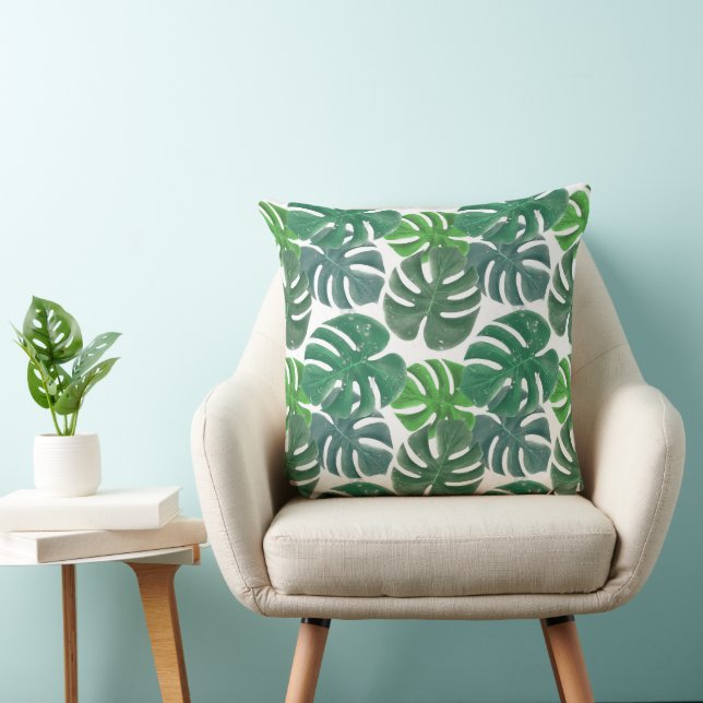 Blue and Green Palm Tropical Leaves Pattern Throw Pillow (Chair)