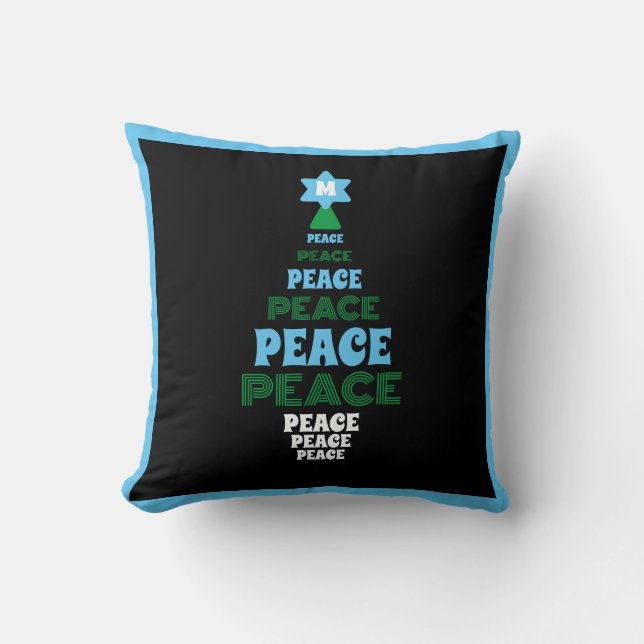 Blue and Green Peace Christmas Tree Single Initial Throw Pillow (Front)