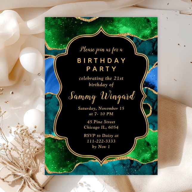 Blue and Green Peacock Agate Birthday Invitation (Creator Uploaded)