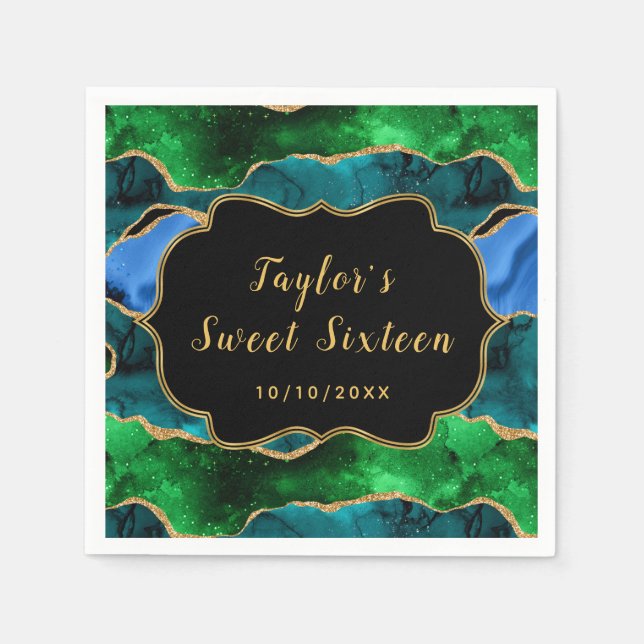 Blue and Green Peacock Agate Sweet Sixteen Napkin (Front)