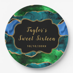 Blue and Green Peacock Agate Sweet Sixteen Paper Plate
