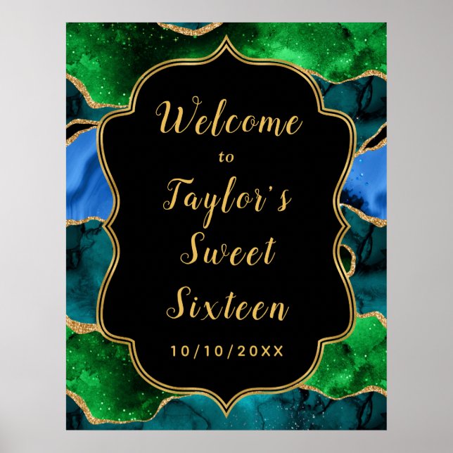Blue and Green Peacock Agate Sweet Sixteen Welcome Poster (Front)
