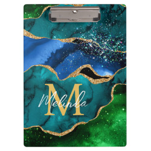 Blue and Green Peacock Faux Glitter Agate Clipboard
