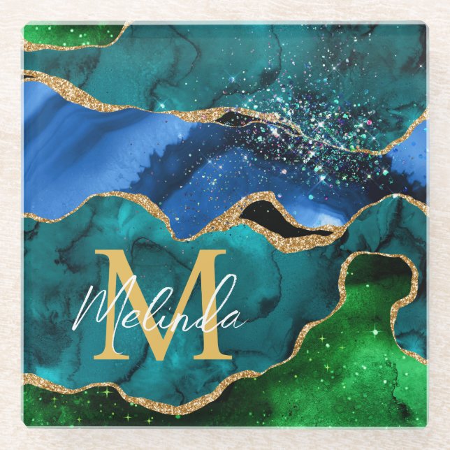 Blue and Green Peacock Faux Glitter Agate Glass Coaster (Front)