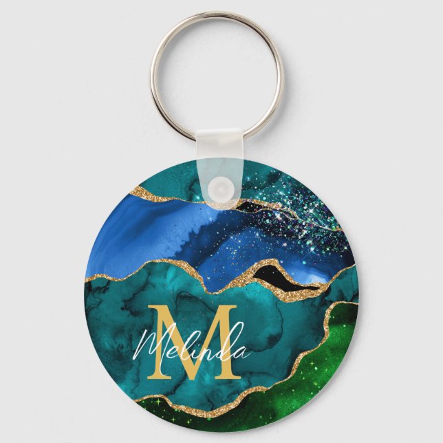 Blue and Green Peacock Faux Glitter Agate Keychain (Front)