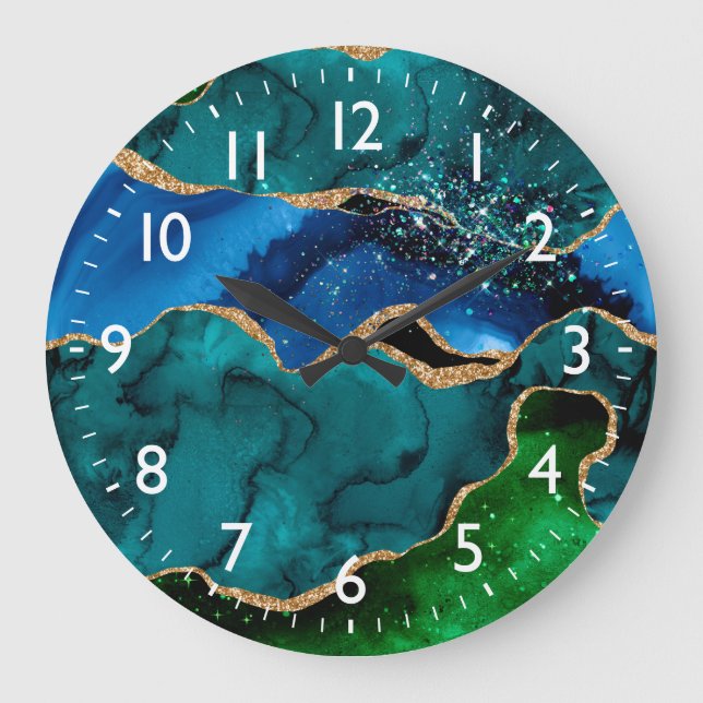 Blue and Green Peacock Faux Glitter Agate Large Clock (Front)