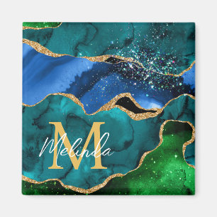 Blue and Green Peacock Faux Glitter Agate Magnet