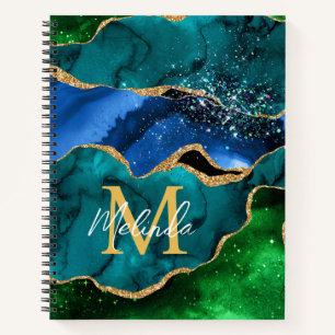Blue and Green Peacock Faux Glitter Agate Notebook