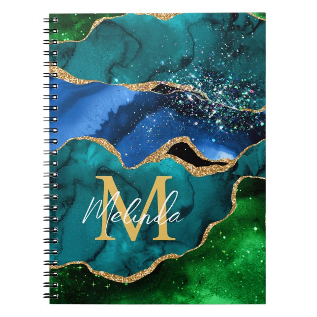 Blue and Green Peacock Faux Glitter Agate Notebook (Front)