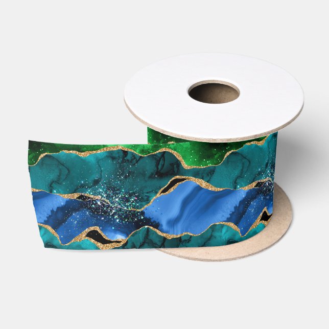 Blue and Green Peacock Faux Glitter Agate Satin Ribbon (Spool)