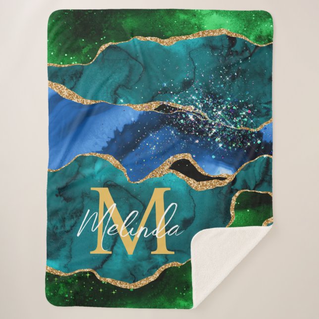 Blue and Green Peacock Faux Glitter Agate Sherpa Blanket (Front)