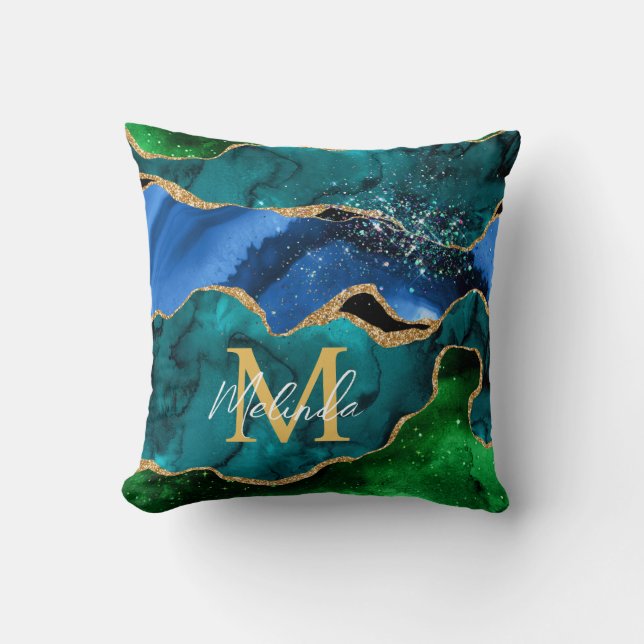 Blue and Green Peacock Faux Glitter Agate Throw Pillow (Front)