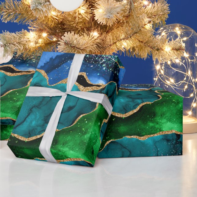Blue and Green Peacock Faux Glitter Agate Wrapping Paper (Holidays)