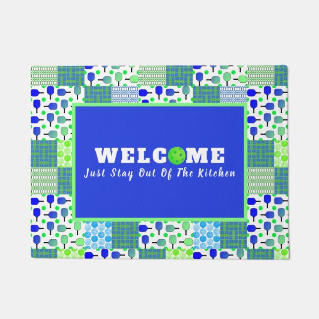 Blue and Green Pickleball Courts, Paddles, & Balls Doormat (Front)