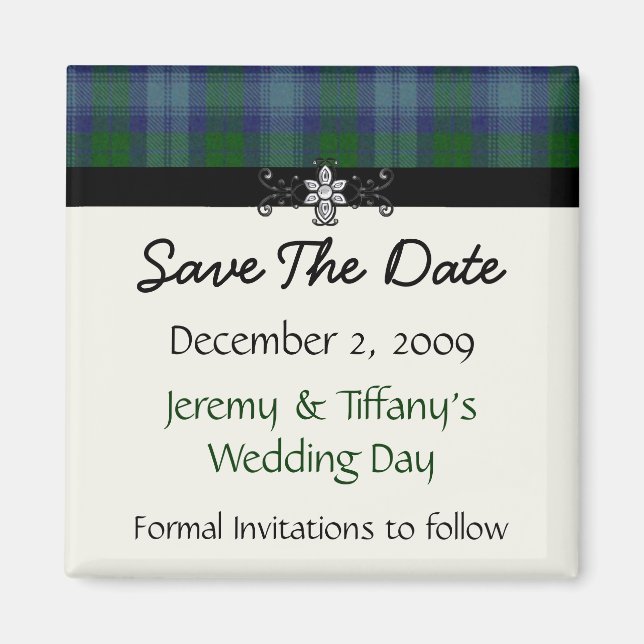 Blue and Green Plaid Save the Date Magnet (Front)