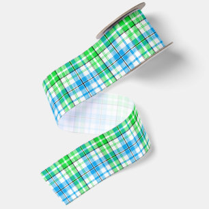 Blue and Green Plaid Tartan White Satin Ribbon