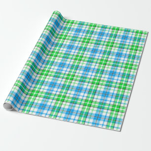 Blue and Green Plaid Tartan White Wrapping Paper